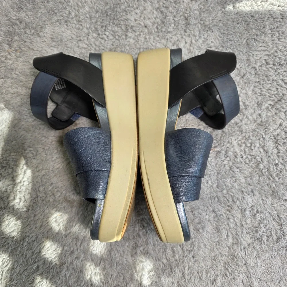 Naked Feet‎ Koda Platform Wedge Sandals Navy Blue Leather Womens 8.5 Good
